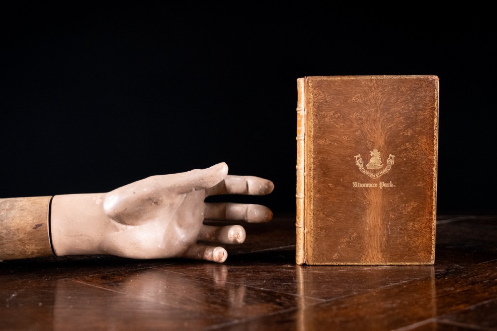 An Edwardian leather-bound book standing vertically, featuring a tan leather cover with detailed gold-tooled decorations and raised spine bands. View XIV