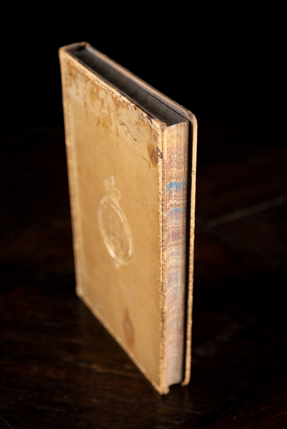 A nineteenth-century tan leather-bound book featuring ornate gilt tooling on the spine and an embossed coat of arms on the front cover. View III