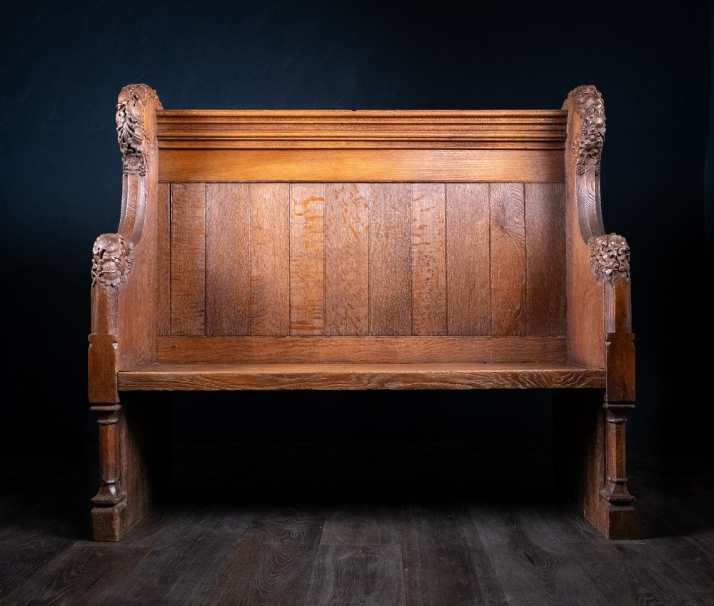 19th Century Golden Oak Foliate Church Pew / Settle