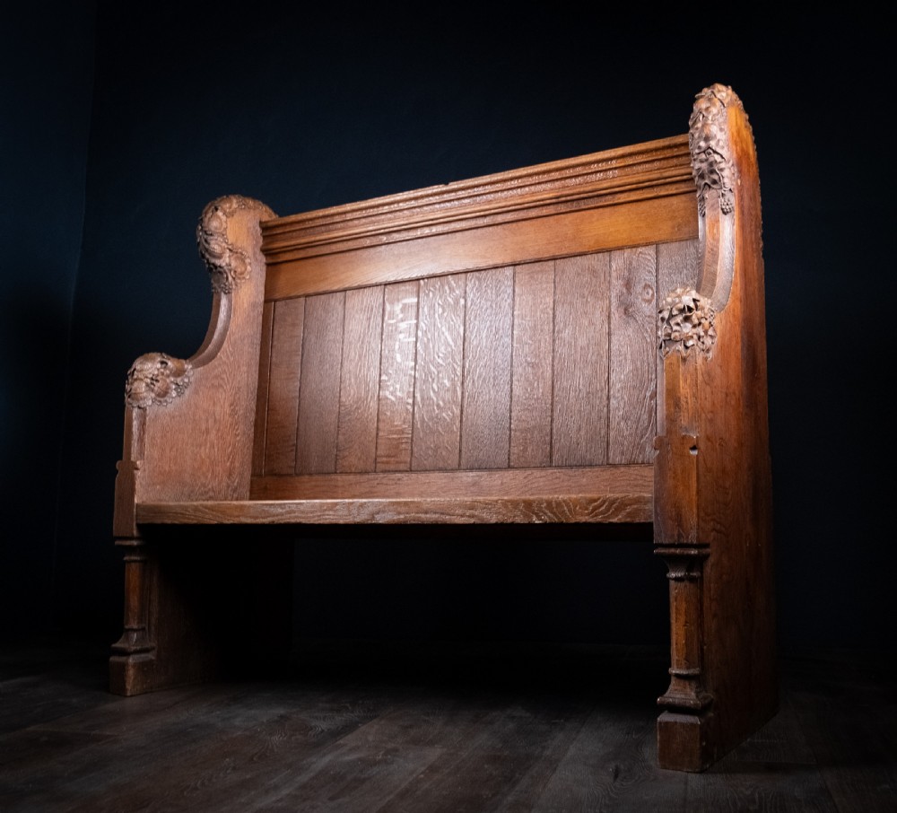 19th Century Golden Oak Foliate Church Pew / Settle View II