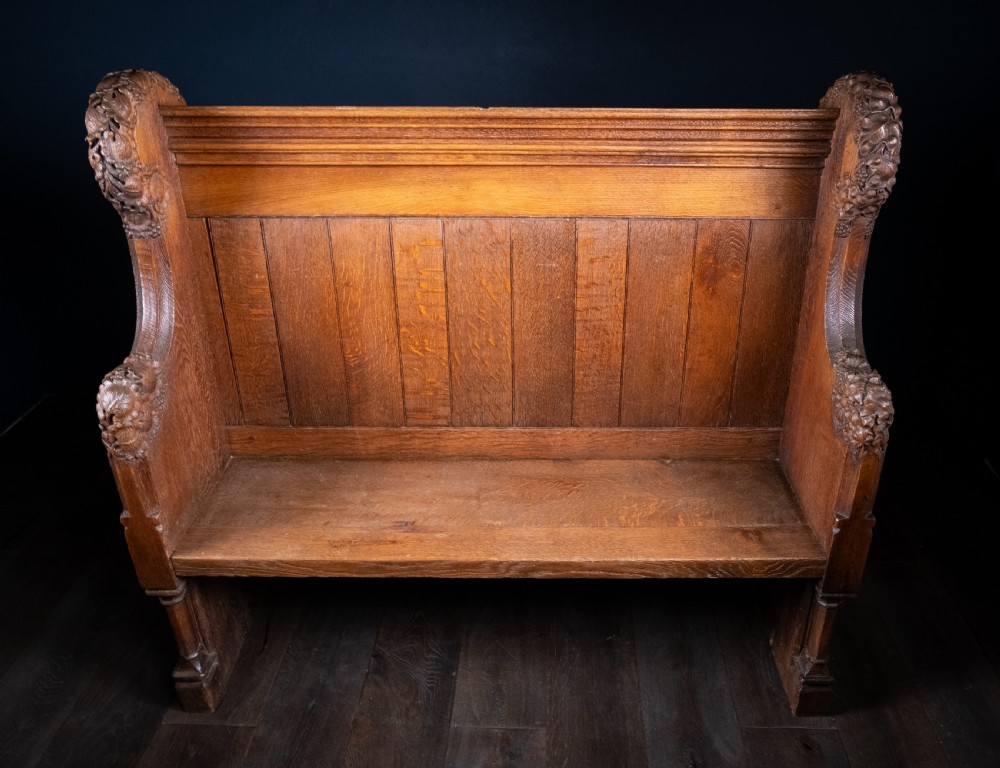19th Century Golden Oak Foliate Church Pew / Settle View III