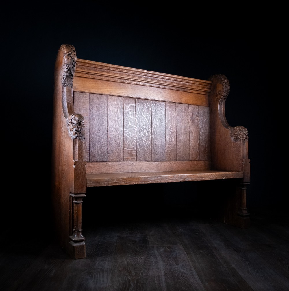 19th Century Golden Oak Foliate Church Pew / Settle View VII
