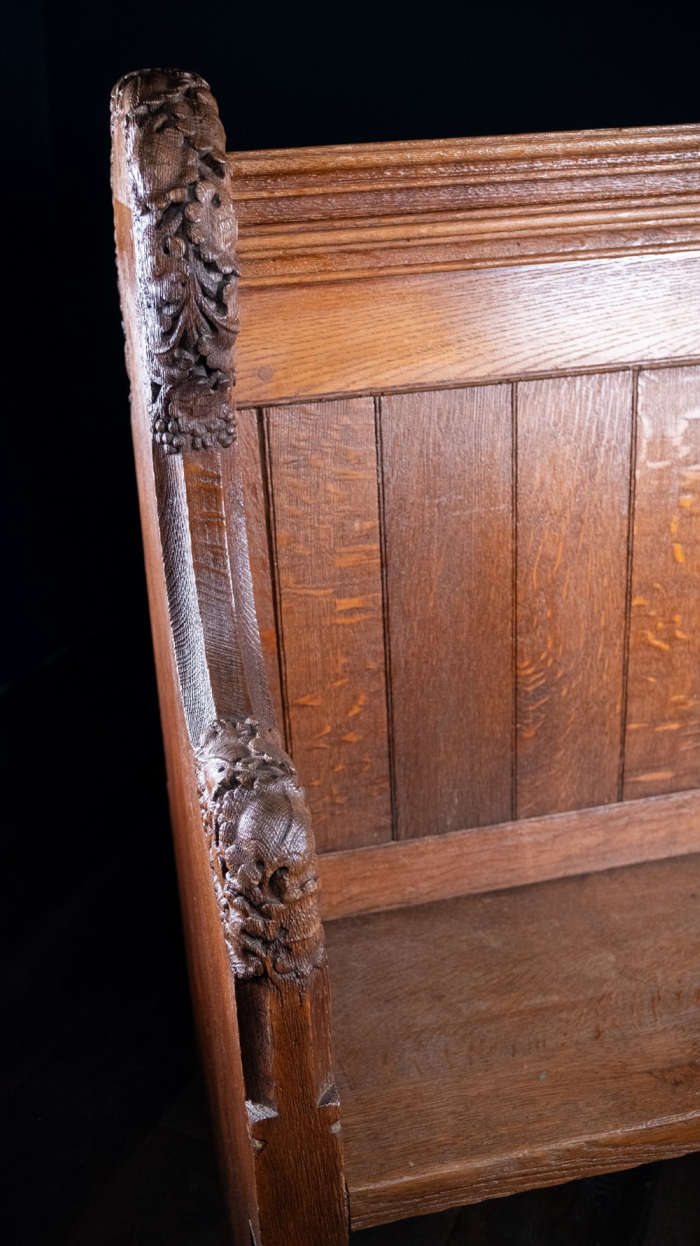 19th Century Golden Oak Foliate Church Pew / Settle View VIII