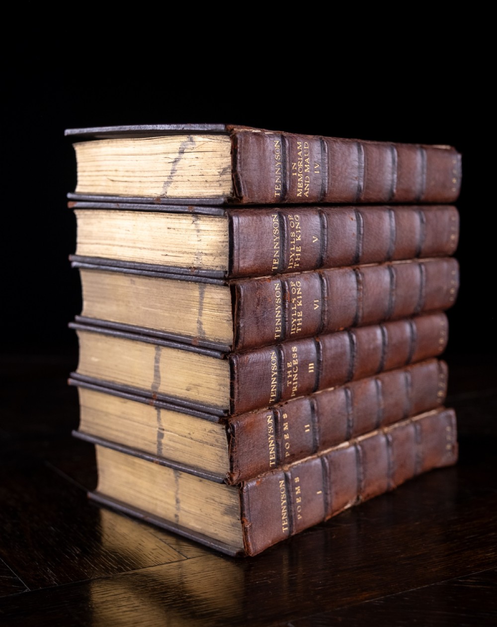 A six-volume set of Victorian brown leather-bound books featuring gilt spine lettering and raised bands. View III