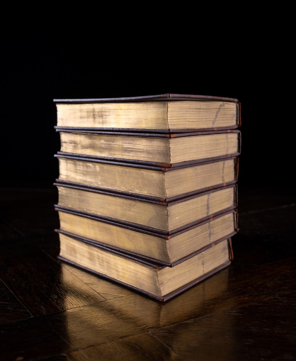 A six-volume set of Victorian brown leather-bound books featuring gilt spine lettering and raised bands. View V