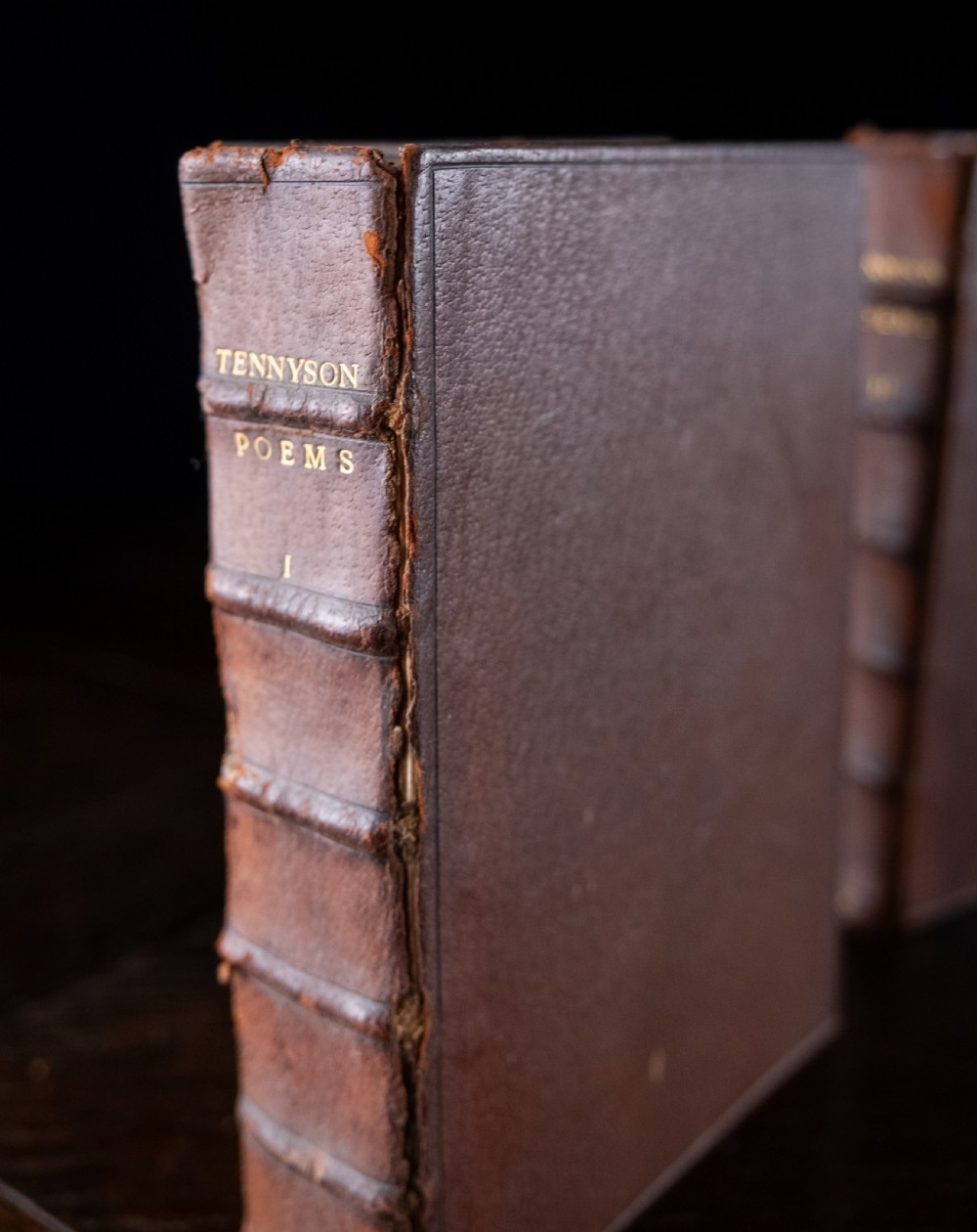 A six-volume set of Victorian brown leather-bound books featuring gilt spine lettering and raised bands. View VI