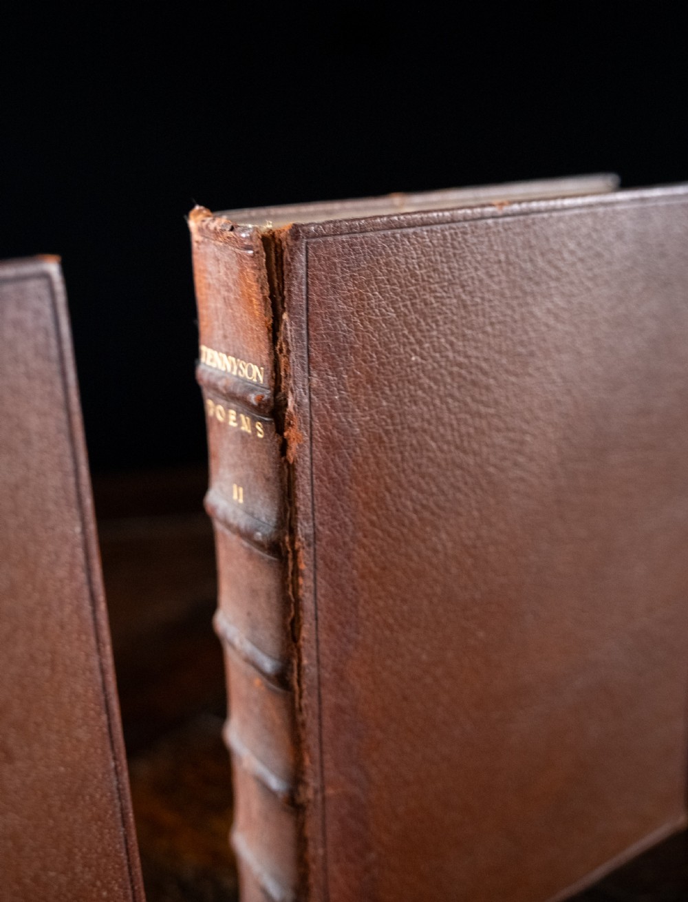 A six-volume set of Victorian brown leather-bound books featuring gilt spine lettering and raised bands. View VII