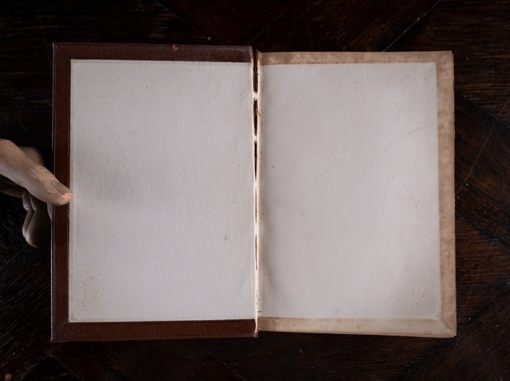 A six-volume set of Victorian brown leather-bound books featuring gilt spine lettering and raised bands. View VIII