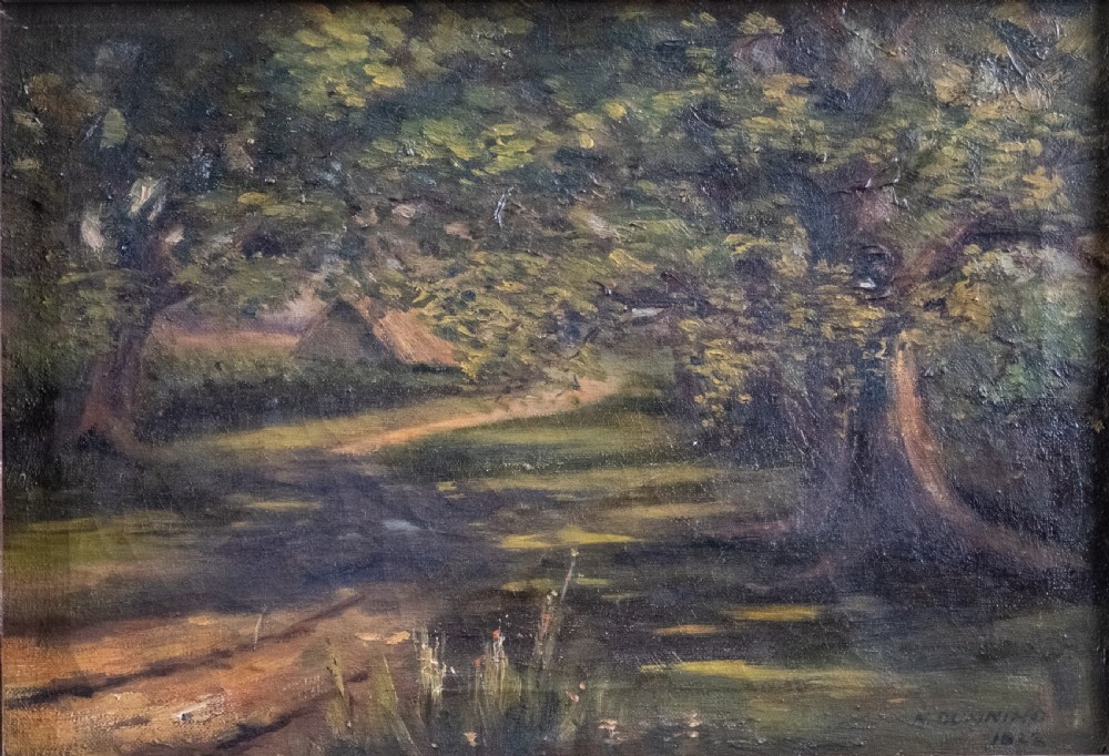 An early 20th-century oil painting on canvas depicting a shaded woodland path surrounded by dense green foliage, set within a dark molded wooden frame. View II