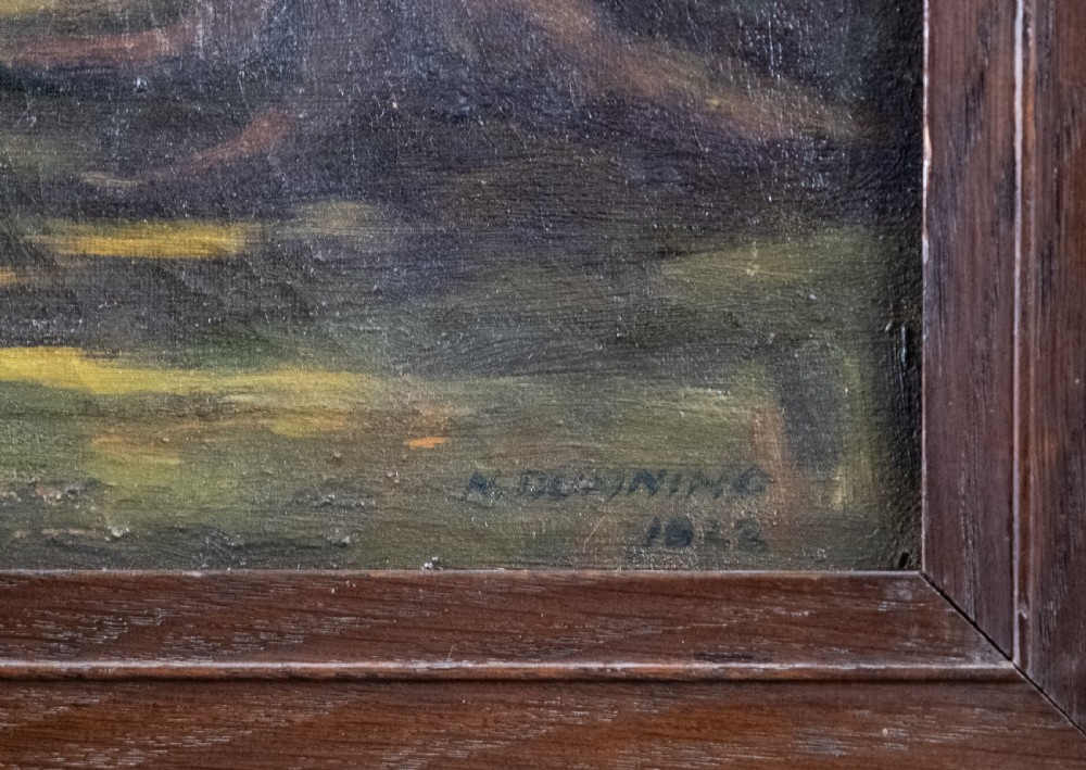 An early 20th-century oil painting on canvas depicting a shaded woodland path surrounded by dense green foliage, set within a dark molded wooden frame. View III