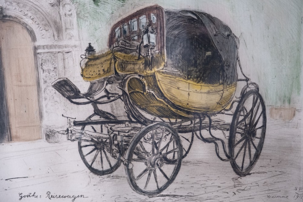 A framed 1911 etching by Ludwig Michalek depicting Goethes travelling carriage set within a gilt wood frame. View II