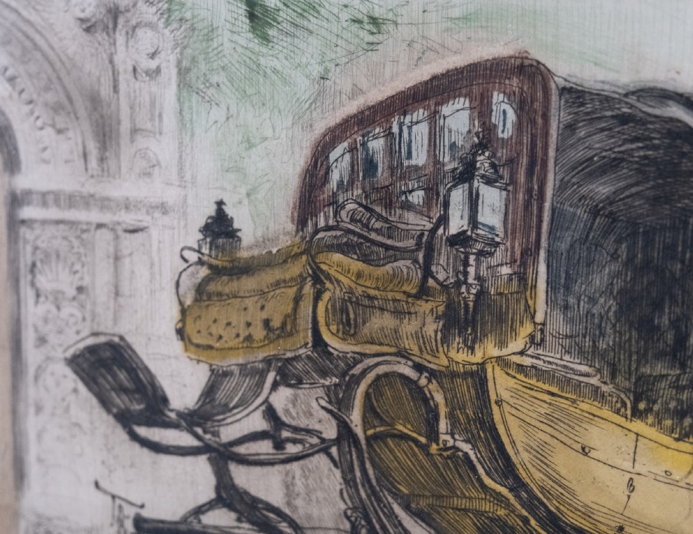 A framed 1911 etching by Ludwig Michalek depicting Goethes travelling carriage set within a gilt wood frame. View III