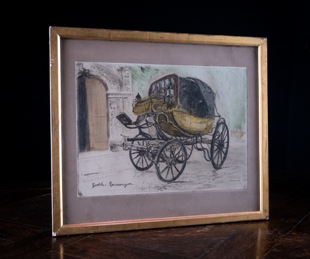 A framed 1911 etching by Ludwig Michalek depicting Goethes travelling carriage set within a gilt wood frame. View IV