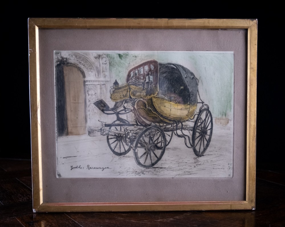 A framed 1911 etching by Ludwig Michalek depicting Goethes travelling carriage set within a gilt wood frame. View V