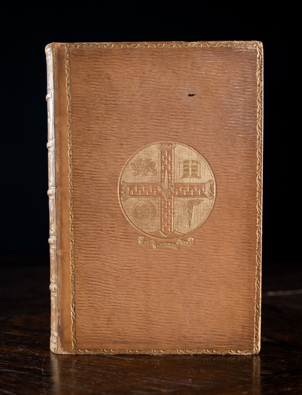 An upright 1898 tan leather-bound book featuring a gold-tooled decorative spine with floral motifs and raised bands. View II