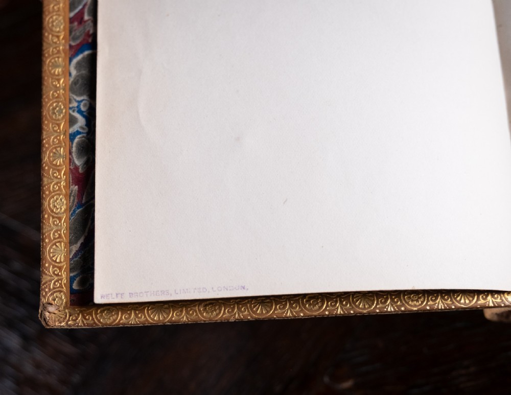 An upright 1898 tan leather-bound book featuring a gold-tooled decorative spine with floral motifs and raised bands. View V