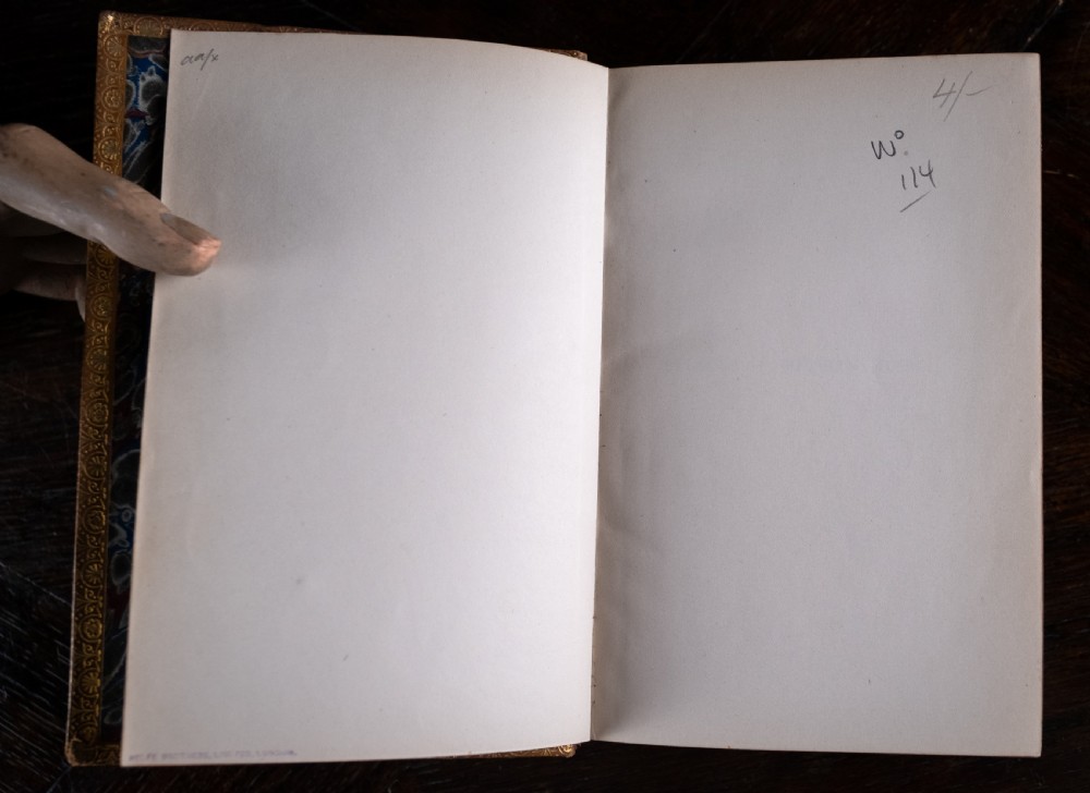 An upright 1898 tan leather-bound book featuring a gold-tooled decorative spine with floral motifs and raised bands. View VII