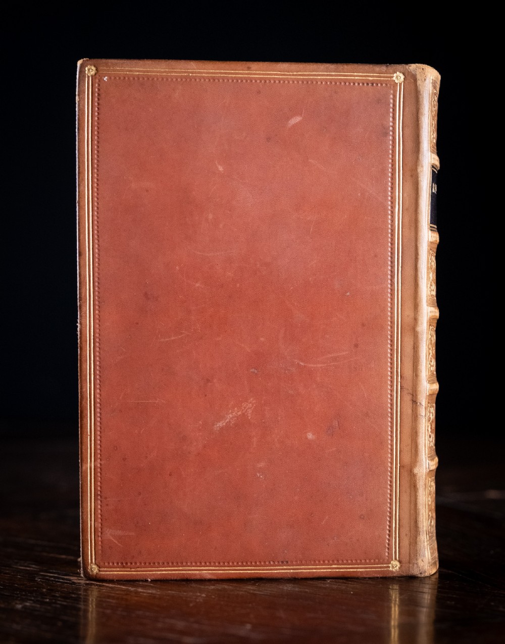 A Victorian tan leather-bound book titled Remarkable Men standing upright with ornate gold tooling on the spine and cover. View III
