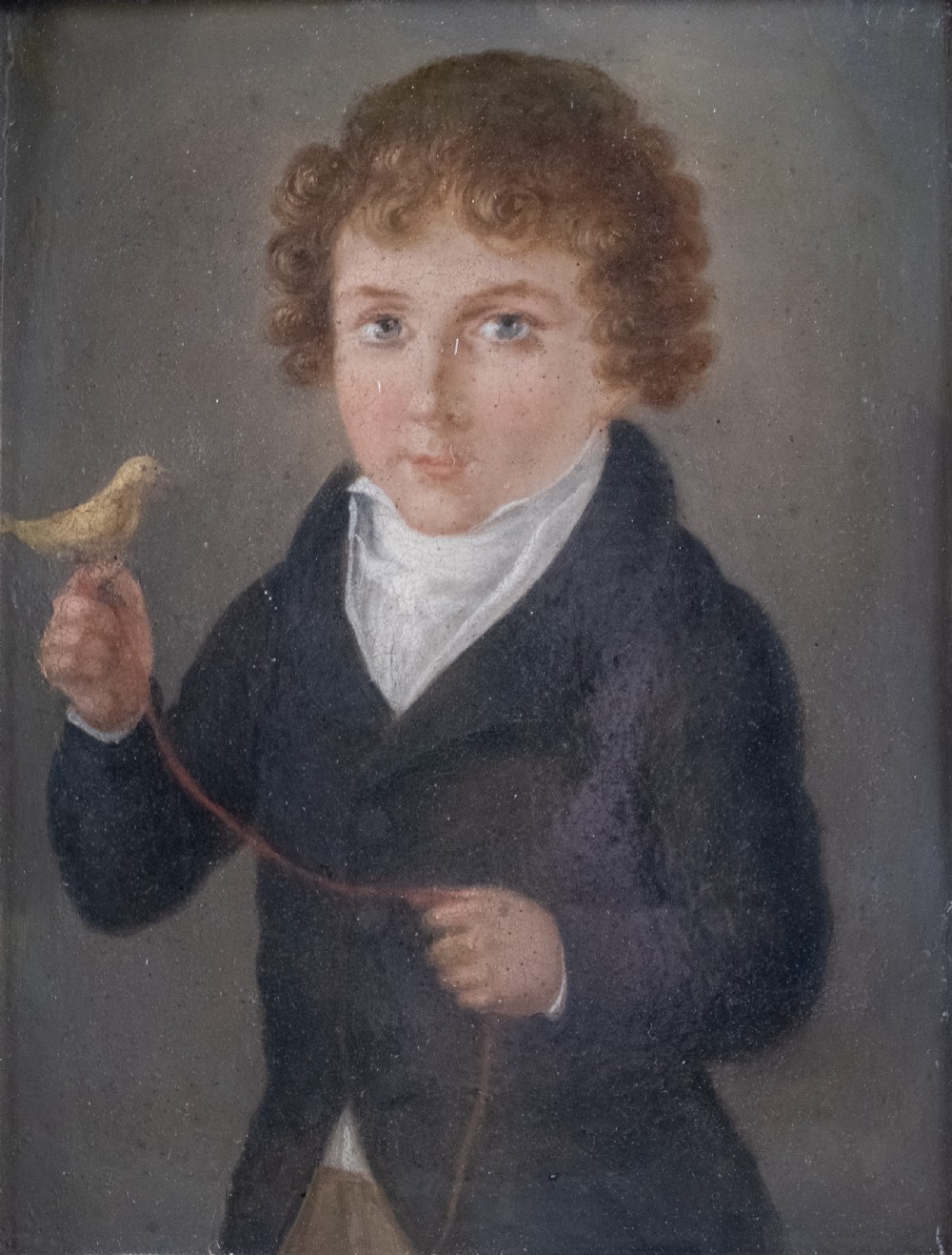 Early 19th Century Boy With Bird (American School). Oil On Tin. View II