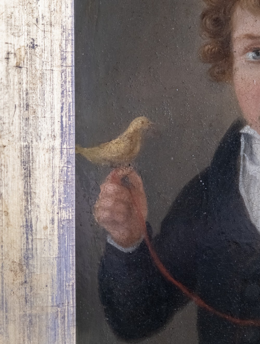 Early 19th Century Boy With Bird (American School). Oil On Tin. View IV