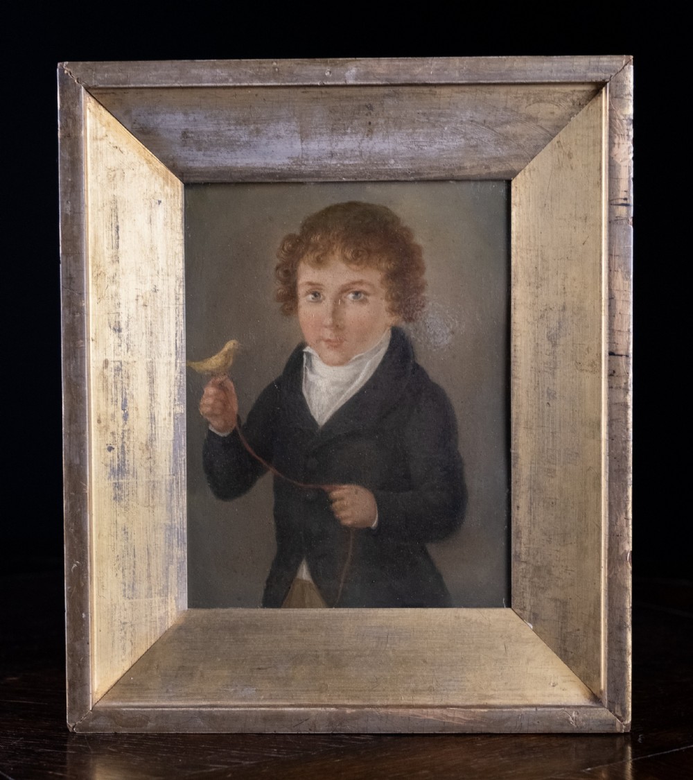Early 19th Century Boy With Bird (American School). Oil On Tin. View V