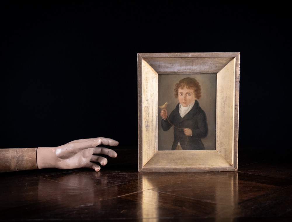 Early 19th Century Boy With Bird (American School). Oil On Tin. View VII