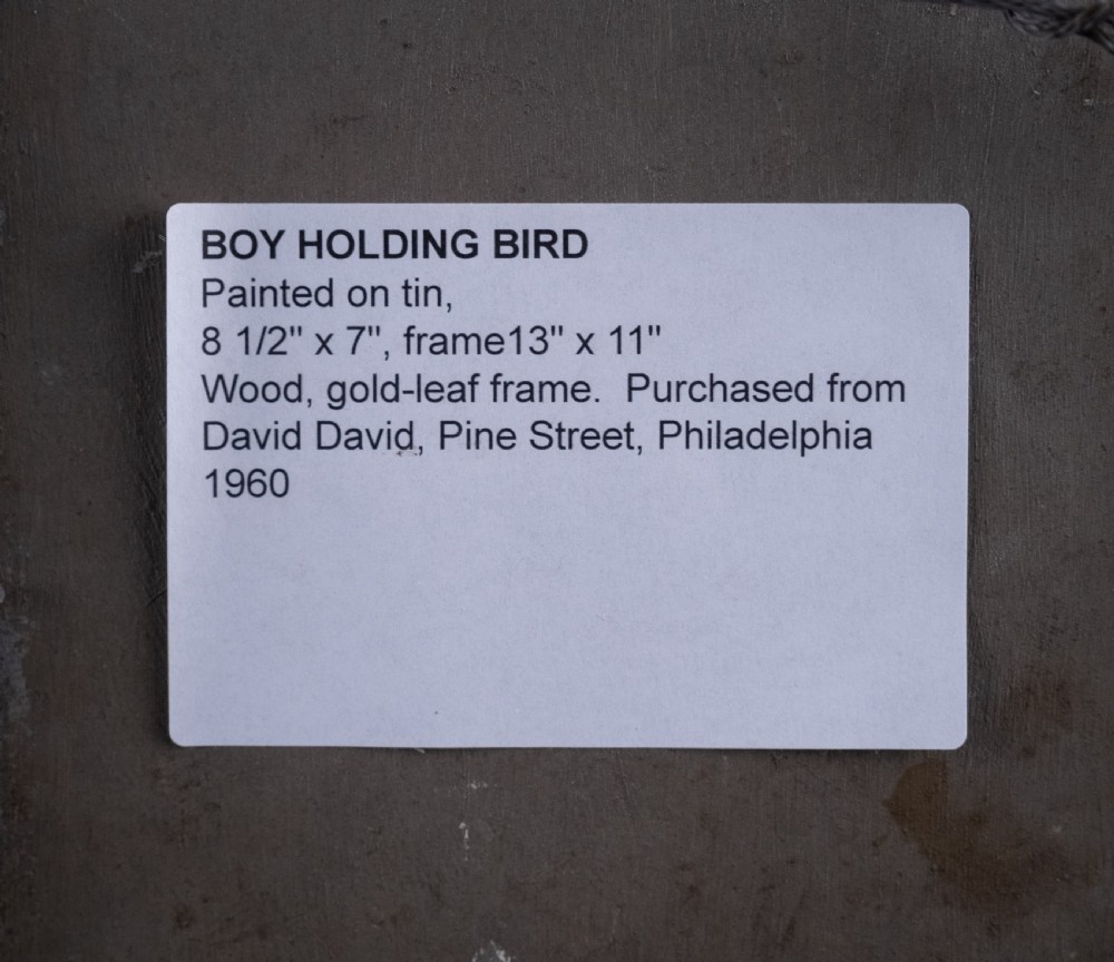 Early 19th Century Boy With Bird (American School). Oil On Tin. View X
