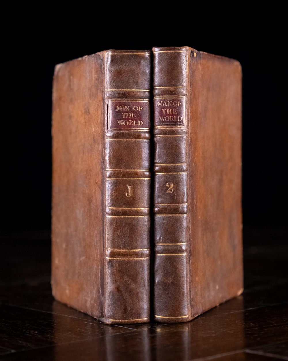 A two-volume set of eighteenth-century brown leather-bound books standing vertically with gold-tooled spine titles.
