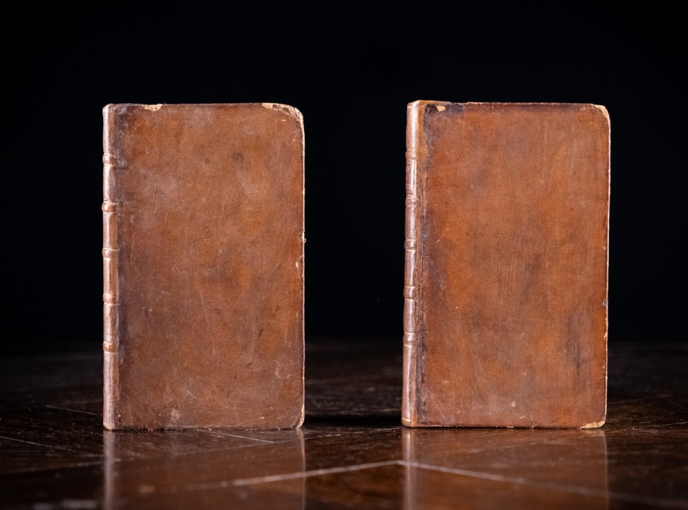 A two-volume set of eighteenth-century brown leather-bound books standing vertically with gold-tooled spine titles. View III