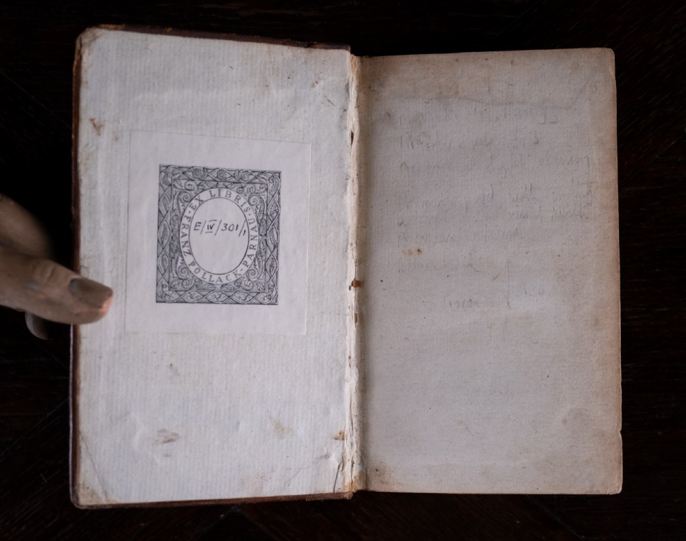 A two-volume set of eighteenth-century brown leather-bound books standing vertically with gold-tooled spine titles. View VI