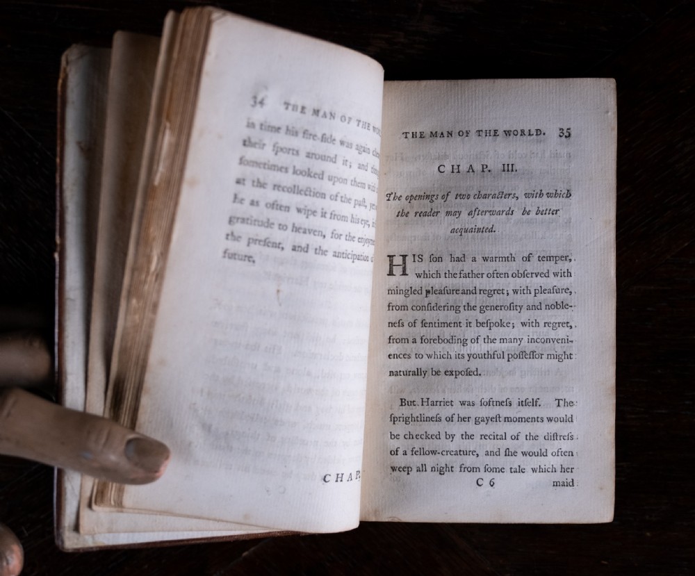 A two-volume set of eighteenth-century brown leather-bound books standing vertically with gold-tooled spine titles. View X