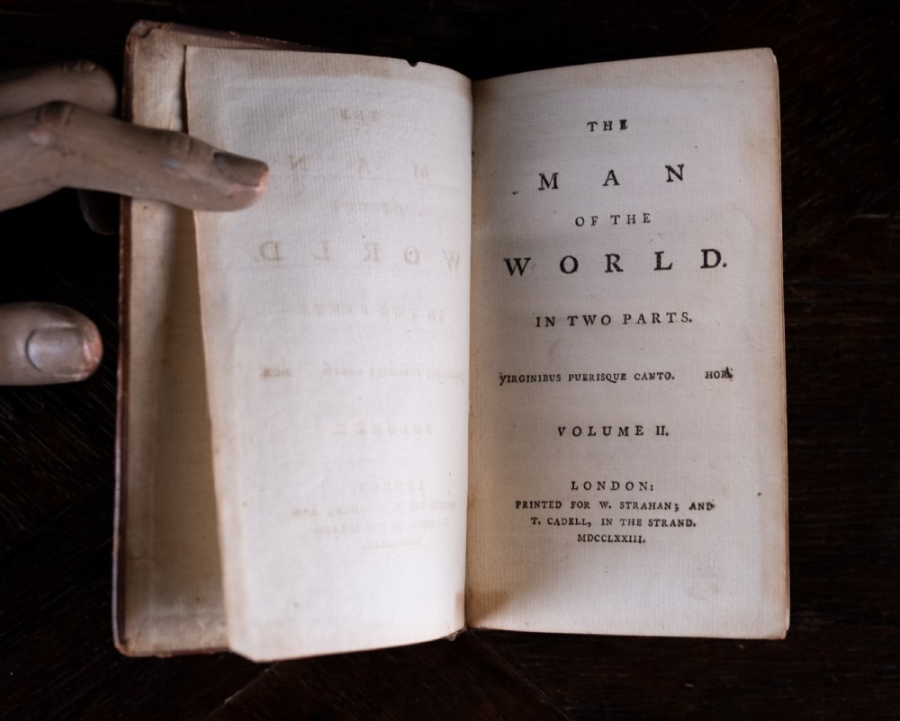A two-volume set of eighteenth-century brown leather-bound books standing vertically with gold-tooled spine titles. View XII