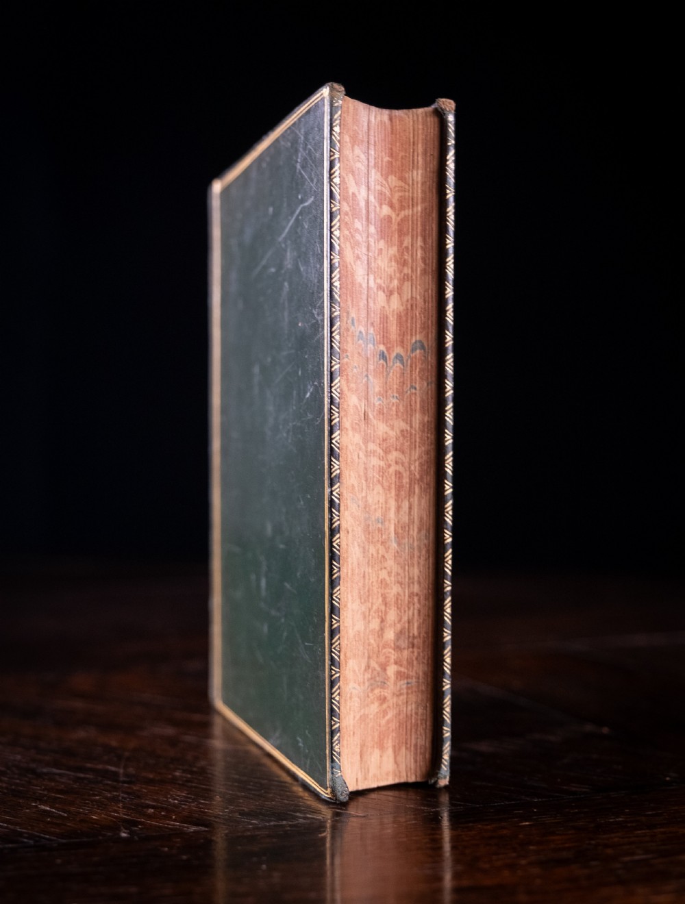 An antique Victorian book standing vertically, featuring green leather covers with gilt border lines and a dark brown spine detailed with gold-tooled compartments. View VI