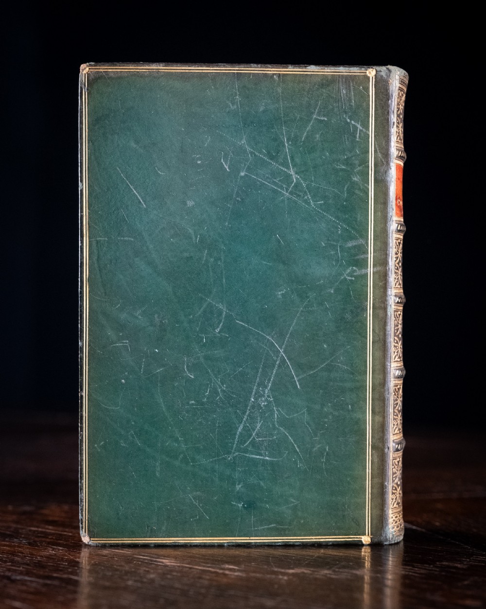 An antique Victorian book standing vertically, featuring green leather covers with gilt border lines and a dark brown spine detailed with gold-tooled compartments. View VIII