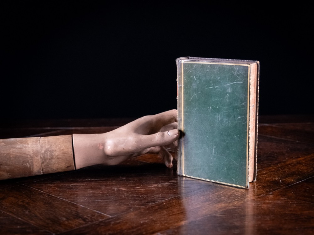 An antique Victorian book standing vertically, featuring green leather covers with gilt border lines and a dark brown spine detailed with gold-tooled compartments. View X