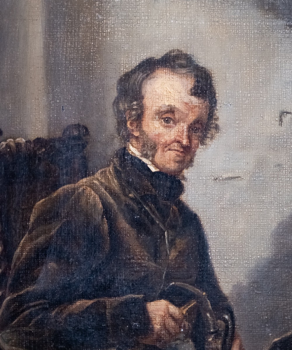 A 19th-century oil painting depicting a seated cobbler working at a bench, encased within an ornate gilded frame with shell corner detailing. View III