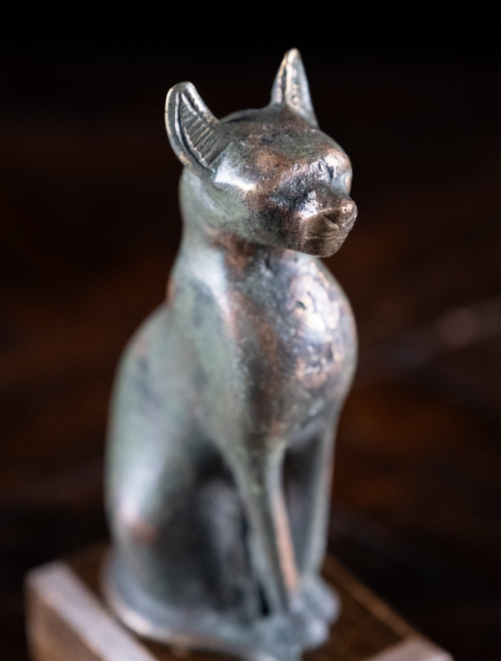 A dark patinated bronze figure of a seated Egyptian cat mounted on a wooden rectangular base. View II