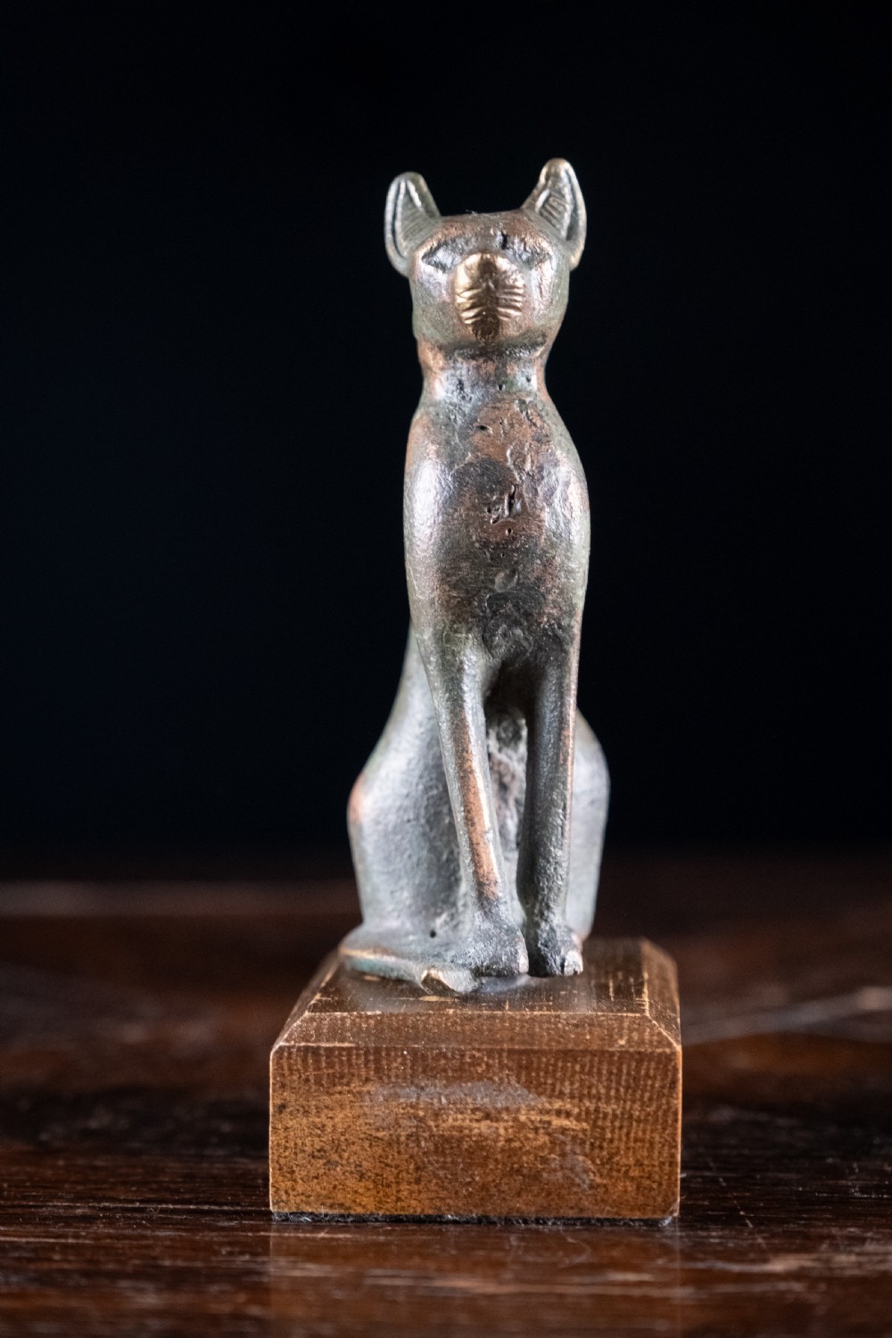 A dark patinated bronze figure of a seated Egyptian cat mounted on a wooden rectangular base. View III