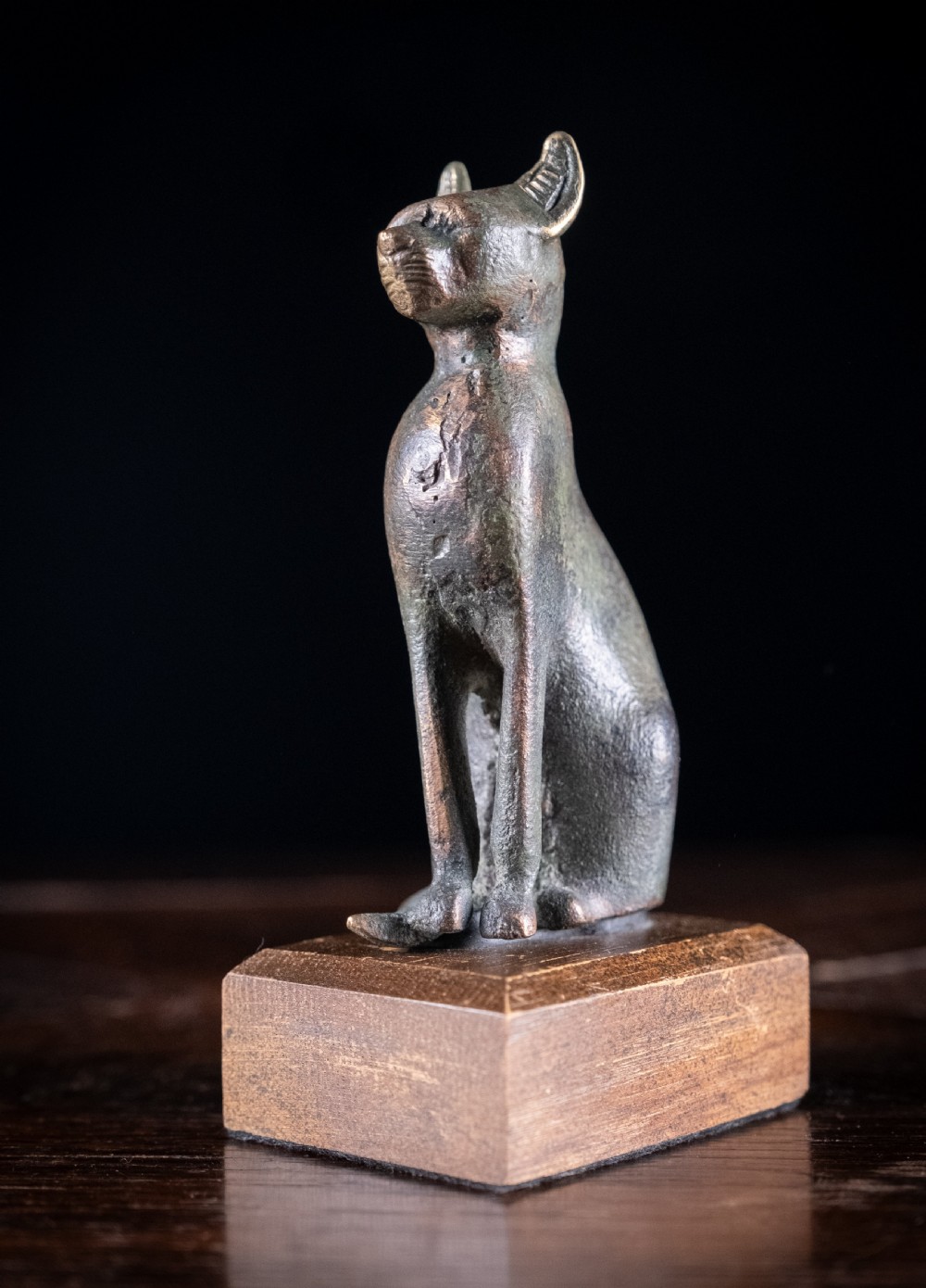 A dark patinated bronze figure of a seated Egyptian cat mounted on a wooden rectangular base. View IV