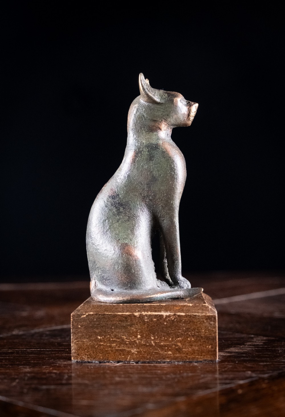 A dark patinated bronze figure of a seated Egyptian cat mounted on a wooden rectangular base. View V