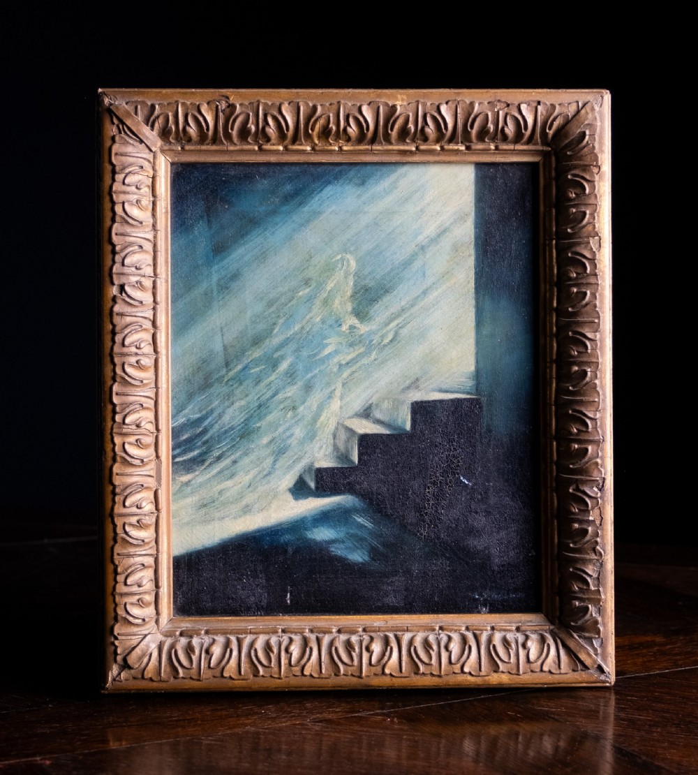 An 1880 oil painting depicting a luminous figure ascending steps towards light, set inside a heavy carved giltwood frame.