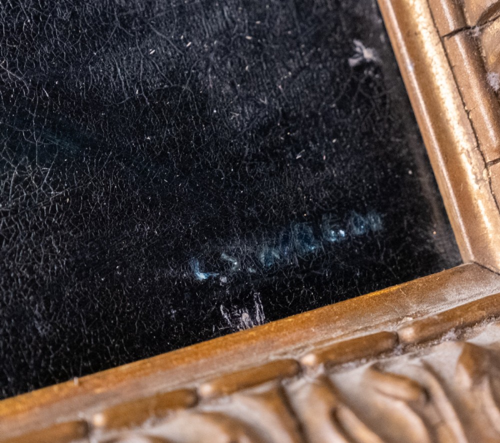 An 1880 oil painting depicting a luminous figure ascending steps towards light, set inside a heavy carved giltwood frame. View IV