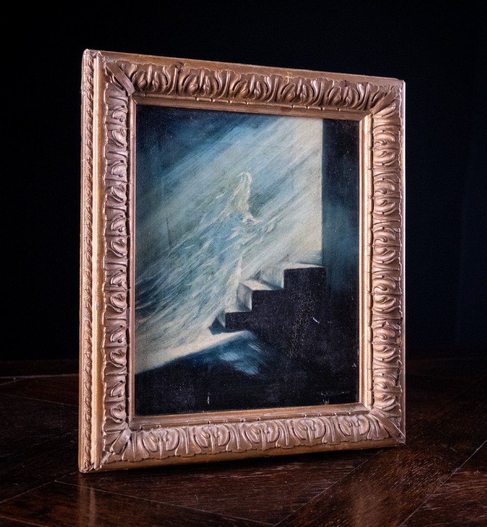 An 1880 oil painting depicting a luminous figure ascending steps towards light, set inside a heavy carved giltwood frame. View V