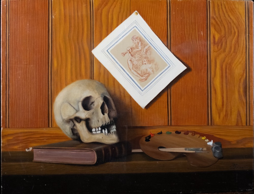 An oil painting depicting a human skull resting on a bound book alongside an artist palette, brushes, and a pinned sketch against a vertical timber panel background.