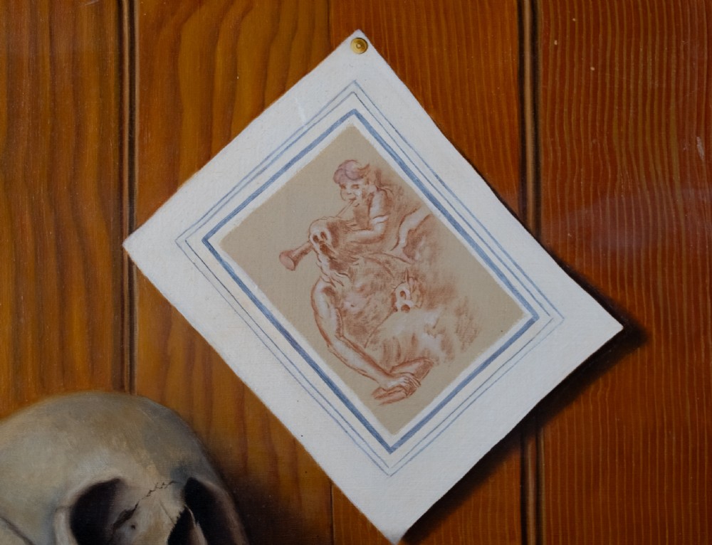 An oil painting depicting a human skull resting on a bound book alongside an artist palette, brushes, and a pinned sketch against a vertical timber panel background. View IV