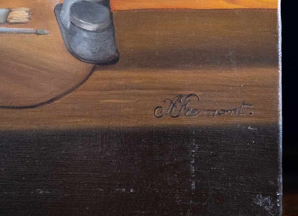 An oil painting depicting a human skull resting on a bound book alongside an artist palette, brushes, and a pinned sketch against a vertical timber panel background. View VI