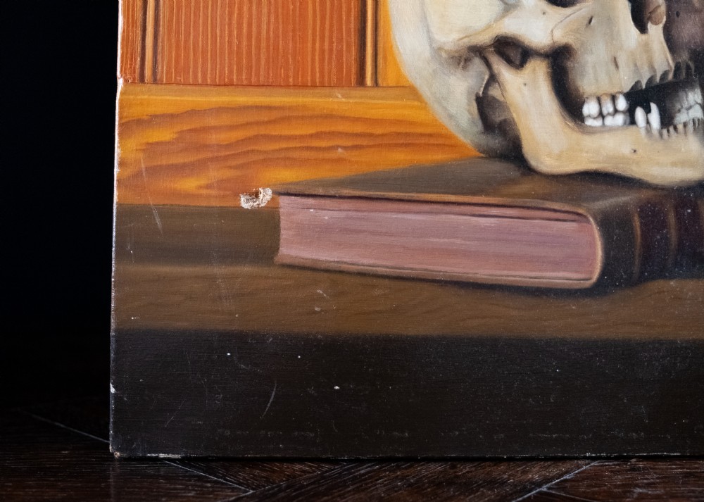 An oil painting depicting a human skull resting on a bound book alongside an artist palette, brushes, and a pinned sketch against a vertical timber panel background. View VII