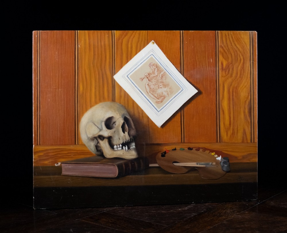 An oil painting depicting a human skull resting on a bound book alongside an artist palette, brushes, and a pinned sketch against a vertical timber panel background. View VIII