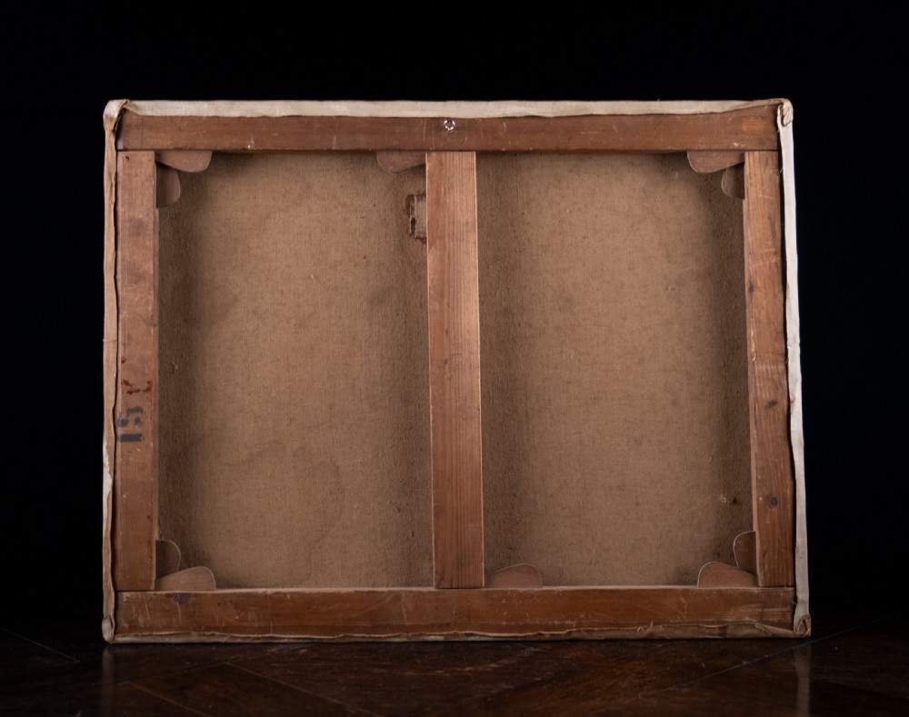 An oil painting depicting a human skull resting on a bound book alongside an artist palette, brushes, and a pinned sketch against a vertical timber panel background. View XII