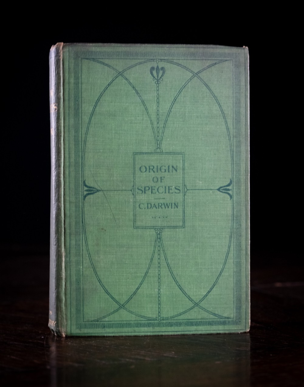 A green cloth-bound antique book standing vertically with gold embossed title lettering on the spine. View II